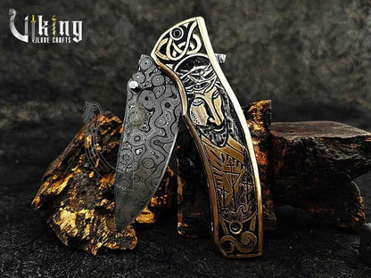 Handmade Damascus Folding Knife with Religious Crucifixion-Inspired Carved Handle