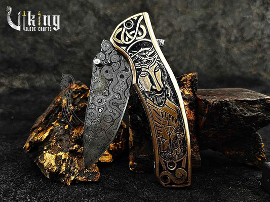 Handmade Damascus Folding Knife with Religious Crucifixion-Inspired Carved Handle