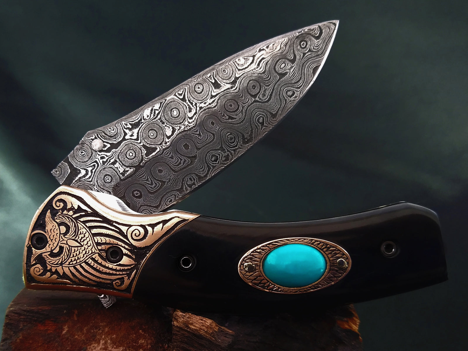 Handmade Damascus Pocket Knife – Celtic‑Norse Owl Theme Carved Handle - Viking Blade Crafts