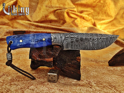 Damascus Steel Hunting Knife With Stained Bone Handle With Sheath