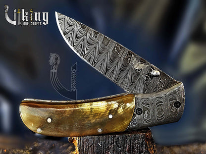 Forged Damascus Steel Folding Pocket Knife with Secure Leather Cover