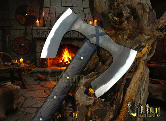 36" Double Bit Viking Axe - Hand Forged Carbon Steel & Leather Cover
