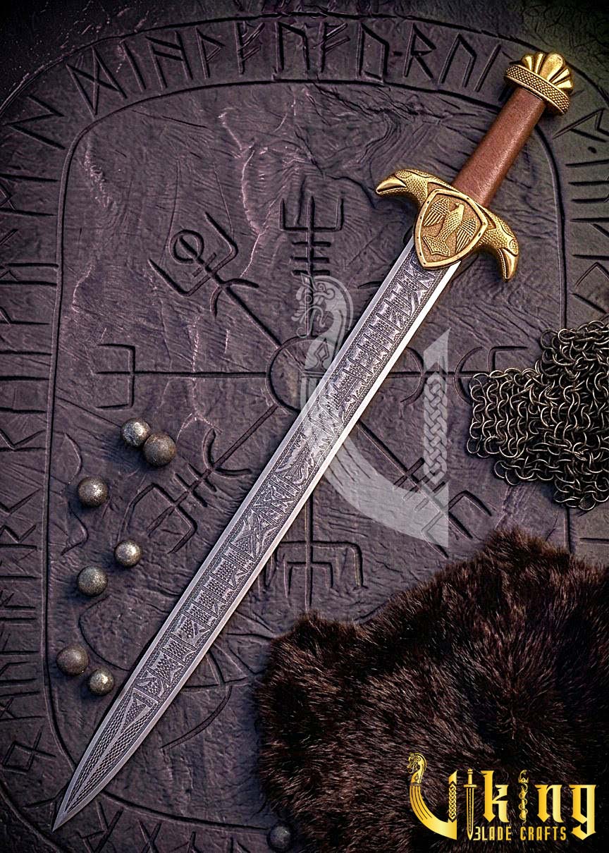 Handmade Etched Blade Viking Raven Sword Replica Hugin Munin Edition