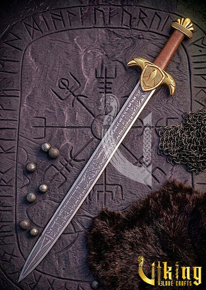 Handmade Etched Blade Viking Raven Sword Replica Hugin Munin Edition