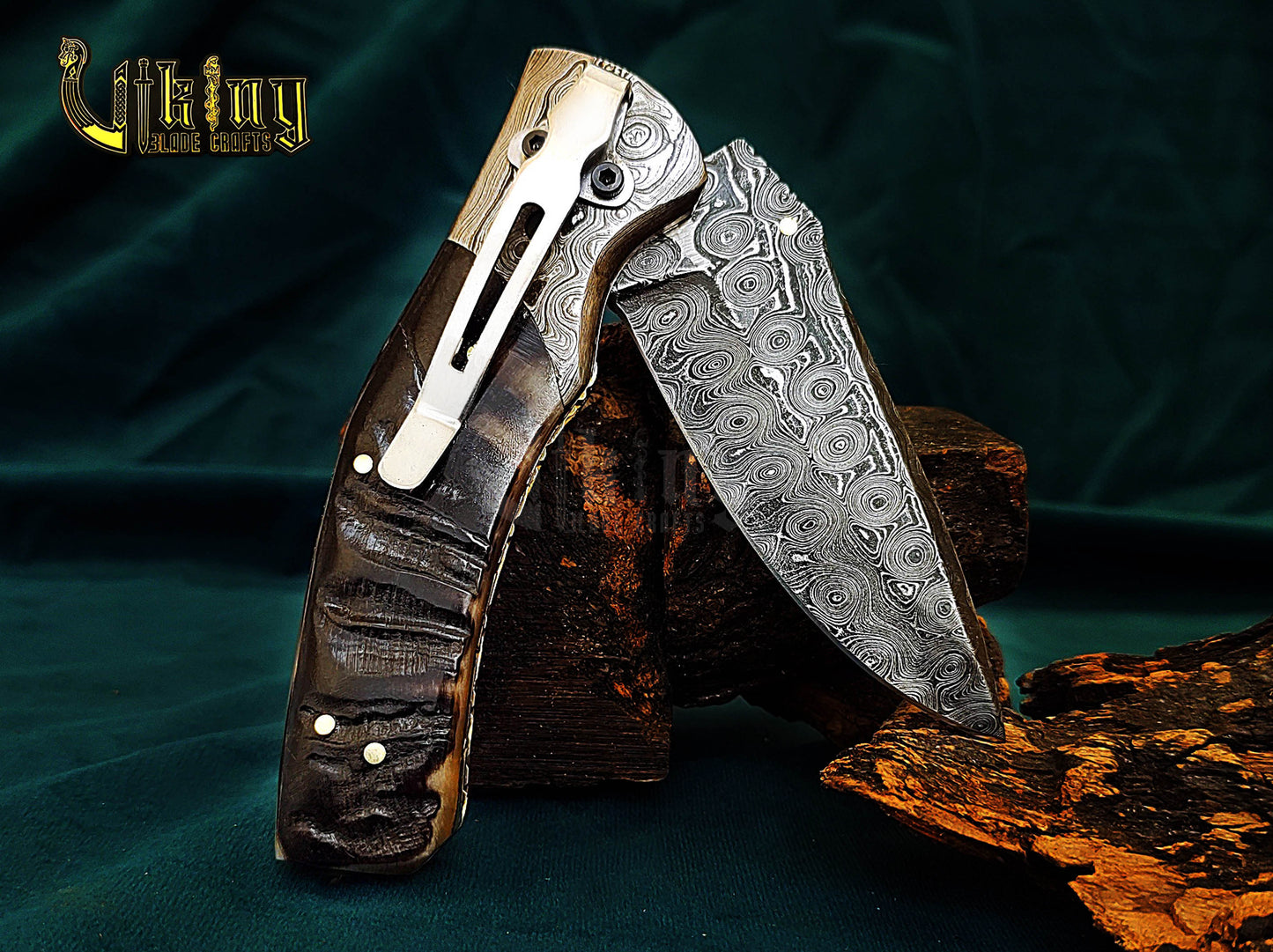 Hand-Forged Damascus Steel Knife | Raindrop Pattern | Ram Horn Handle