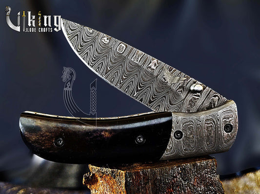 Hand-Forged Damascus Folding Knife with Ebony Wood  & Ladder Blade