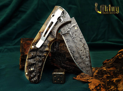 Custom Hand-Forged Handmade Damascus Folding Knife | Raindrop Pattern | Ram Horn Handle