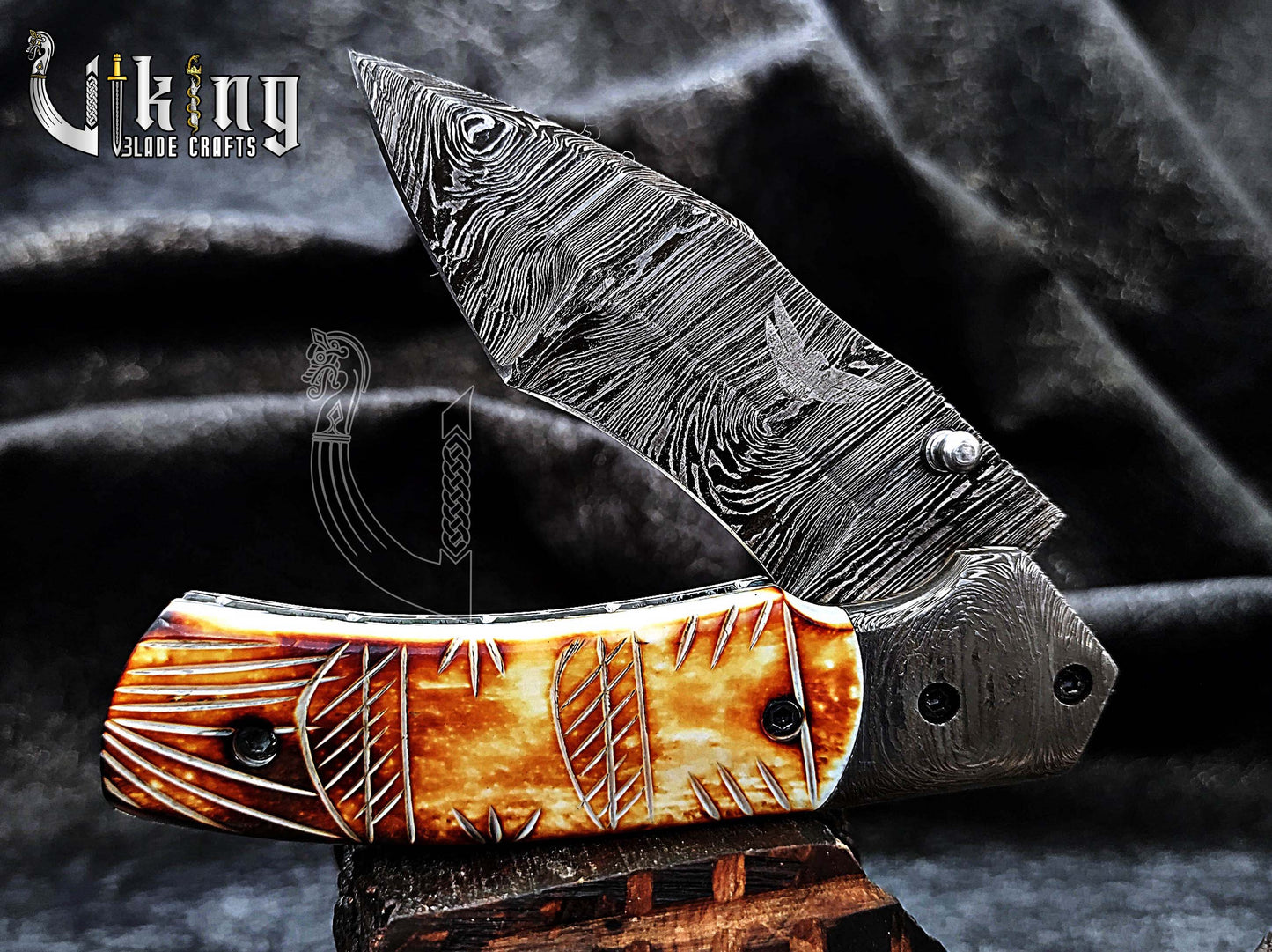 Forged Damascus Steel Folding Knife with Fire Camel Bone Handle