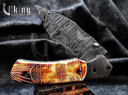Forged Damascus Steel Folding Knife with Fire Camel Bone Handle