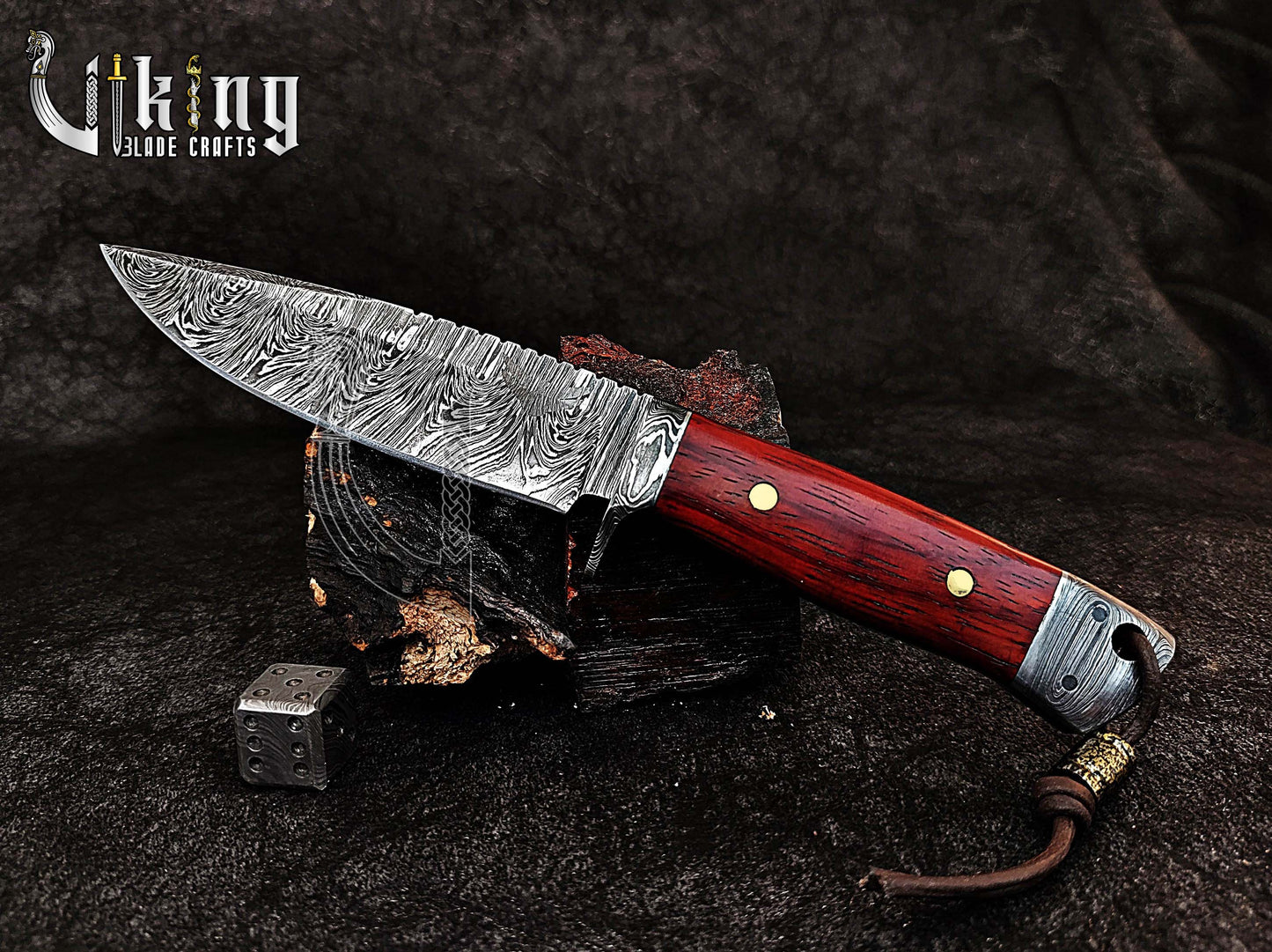 Damascus Steel Fixed Blade Bloodwood & Guard With Leather Sheath