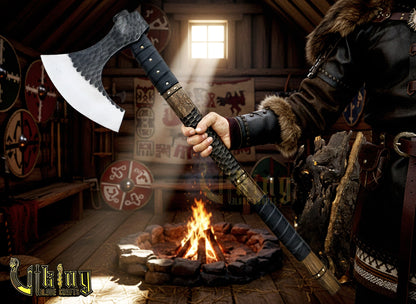 Handmade Vegvisir 36" Viking Axe & Rune-Engraved Valknut – Norse Warrior Axe