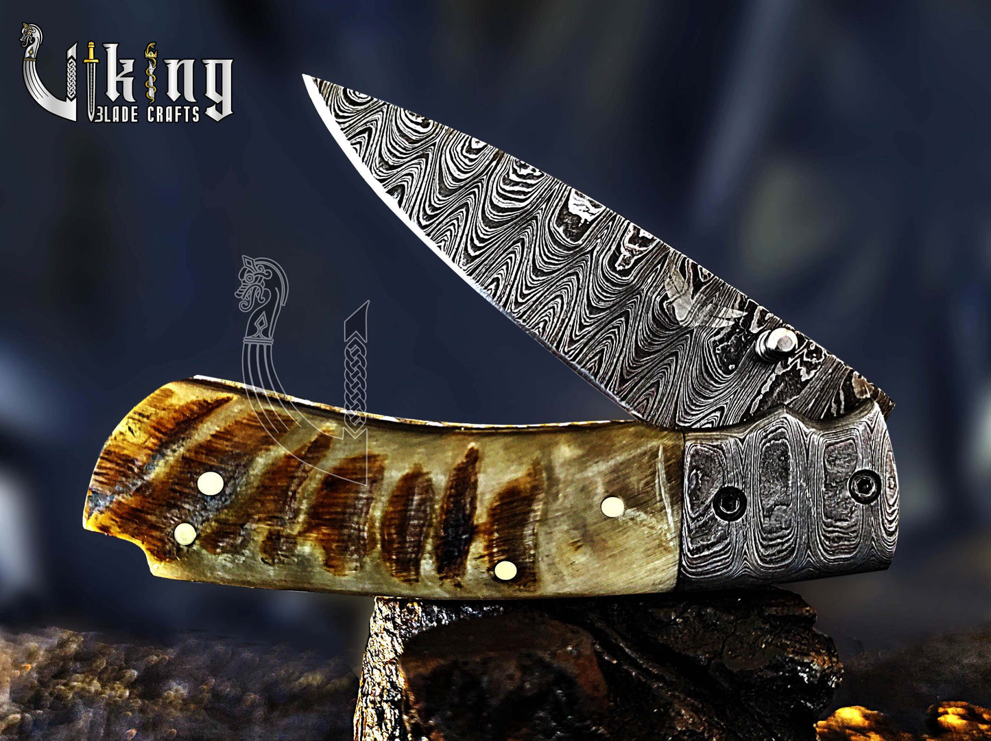 Handmade Damascus Steel Premium Folding Knife with Ram Horn Handle