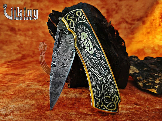 Hand-forged Damascus steel Pocket Folding knife with Queen Lagertha carving handle Viking_Blade_Crafts