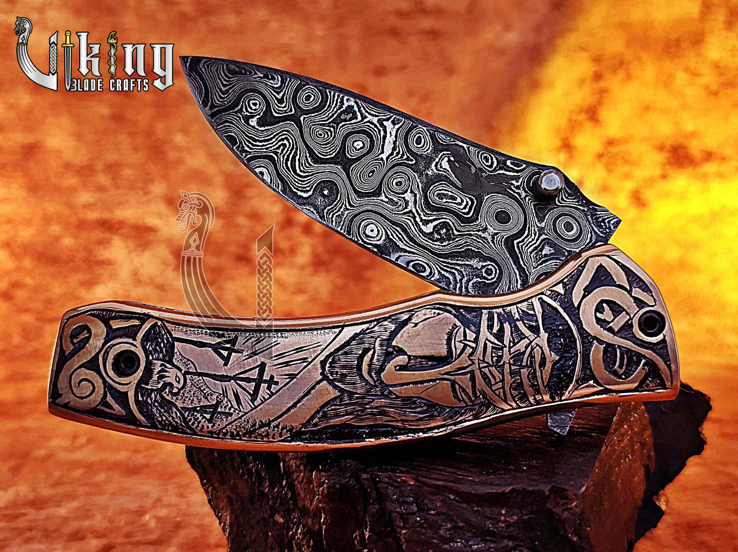 Handmade Damascus Folding Knife with Jesus Crucifixion Handle Carving
