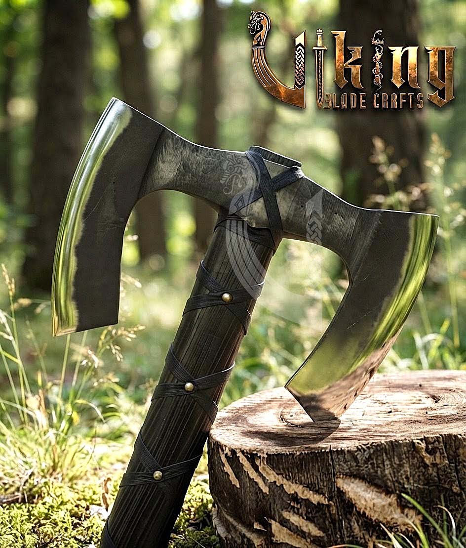 36" Double Bit Viking Axe - Hand Forged Carbon Steel & Leather Cover
