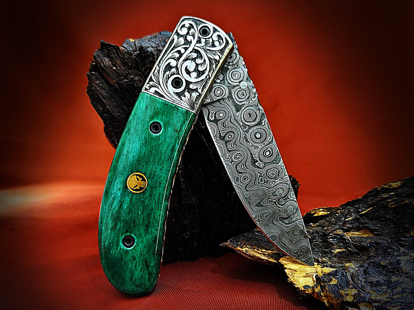 Damascus Pocket Knife with Stained Bone Handle – Ancient Hand-Carved Theme - Viking Blade Crafts