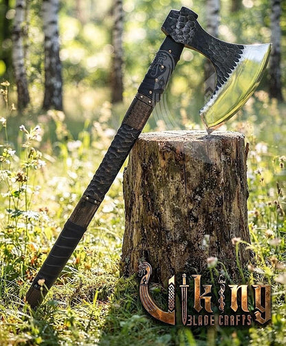Hand Forged Vegvisir 36" Viking Axe & Rune-Engraved Valknut – Norse Warrior Axe