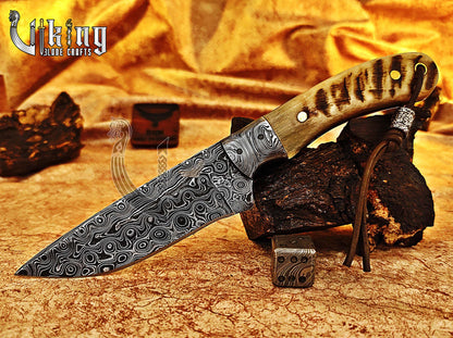 Damascus Steel Hunting & Camping Knife & Ram Horn Handle With Bolster