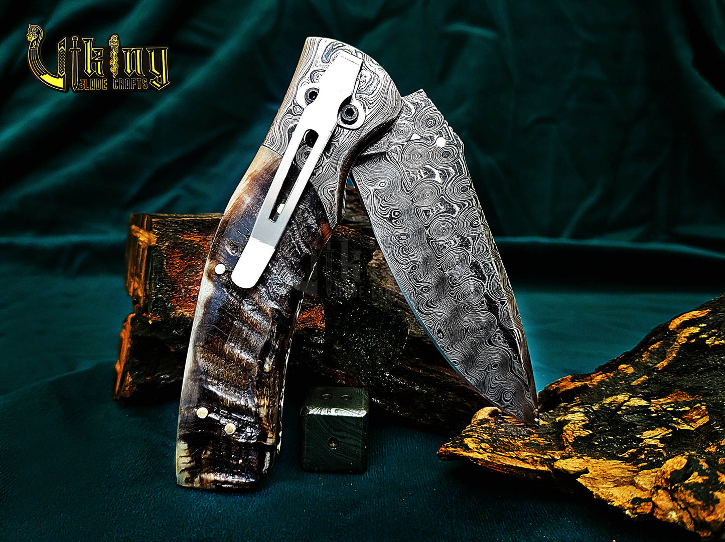 Hand-Forged Artisan Damascus Steel Folding Knife | Raindrop Pattern | Ram Horn Handle