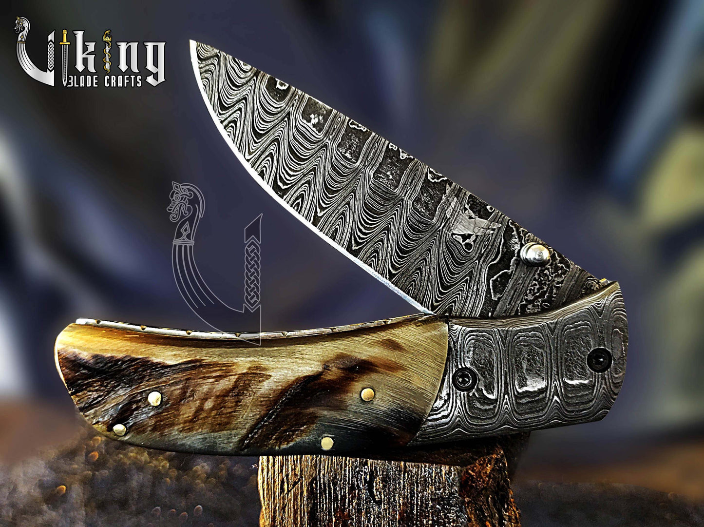 Forged Damascus Steel Folding Pocket Knife with Ram Horn Handle & Clip