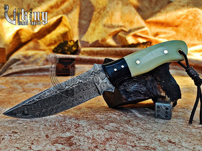 Damascus Fixed Blade Hunting Knife With Stained Bone & Buffalo horn Handle