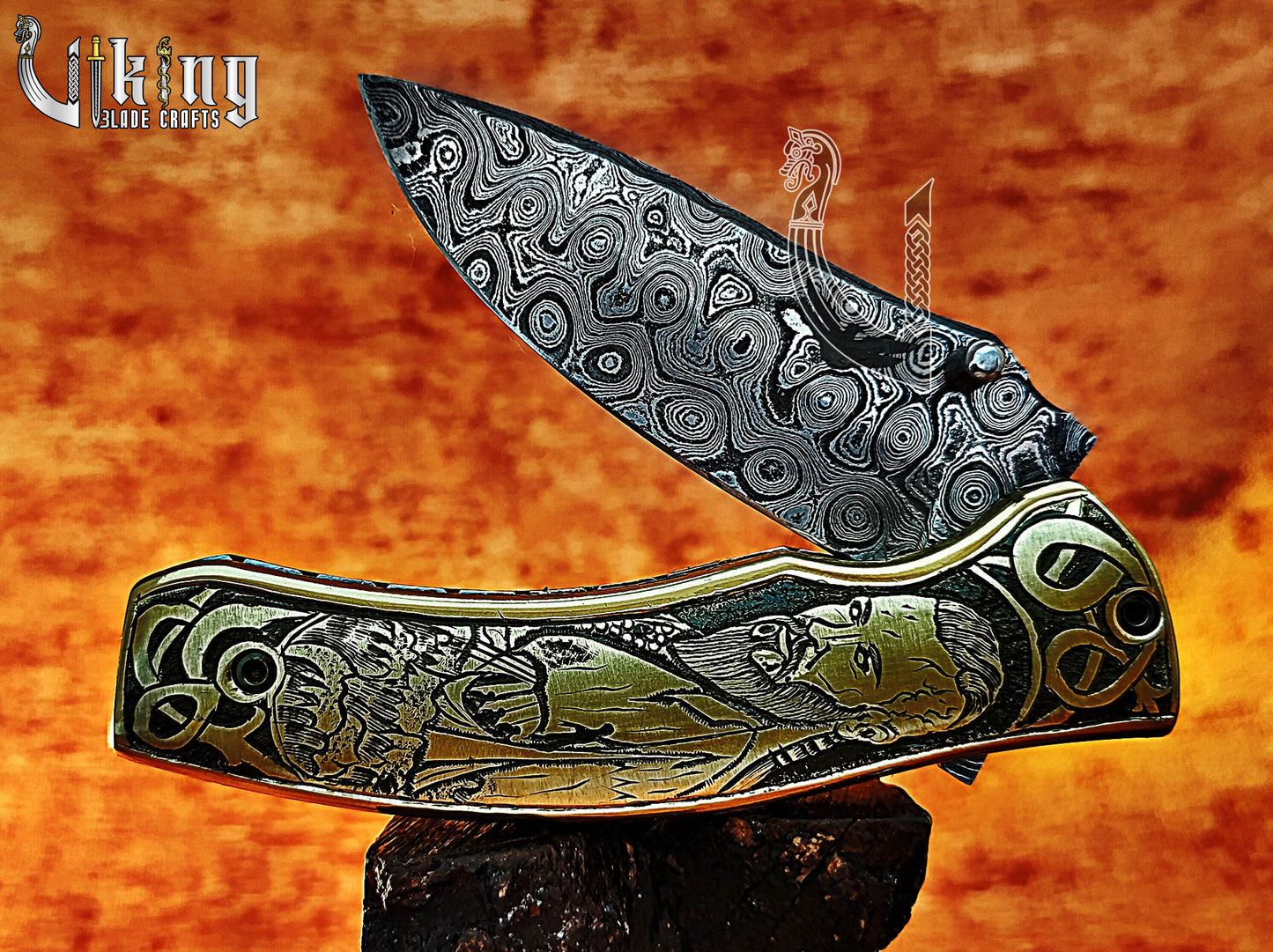 Forged Damascus Steel Blade Ragnar Lothbrok Carved Handle Folding Knife