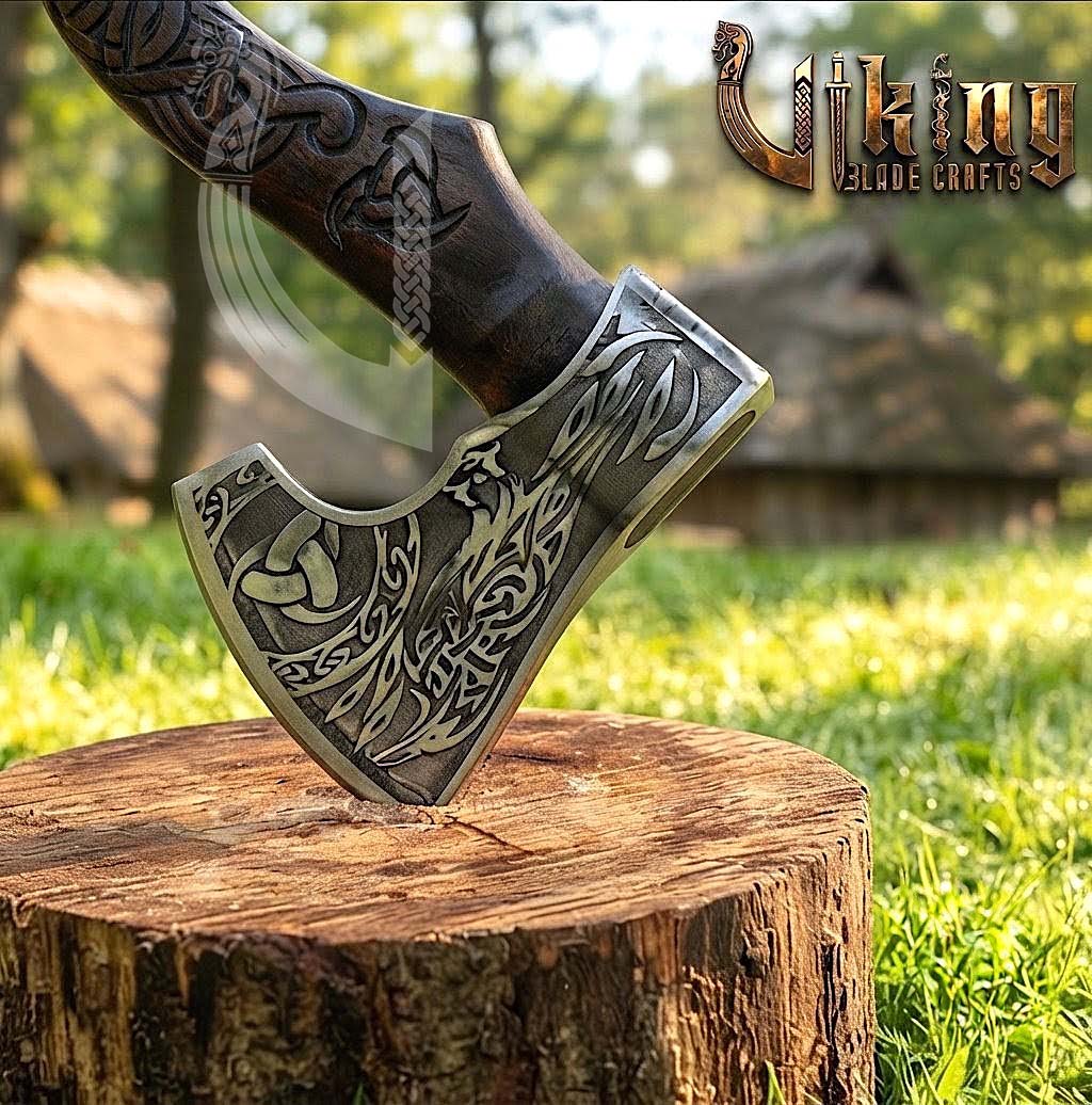 Raven Viking Axe | Hand Carved Handle | Forged Steel Hrafn