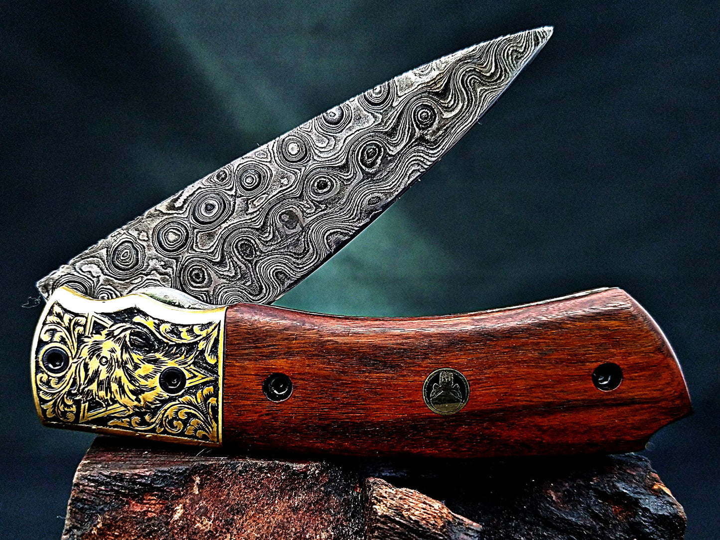 Damascus Steel Folding Pocket Knife – Viking Eagle Engraved Rosewood Handle - Viking Blade Crafts