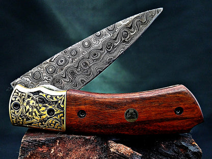 Damascus Steel Folding Pocket Knife – Viking Eagle Engraved Rosewood Handle - Viking Blade Crafts