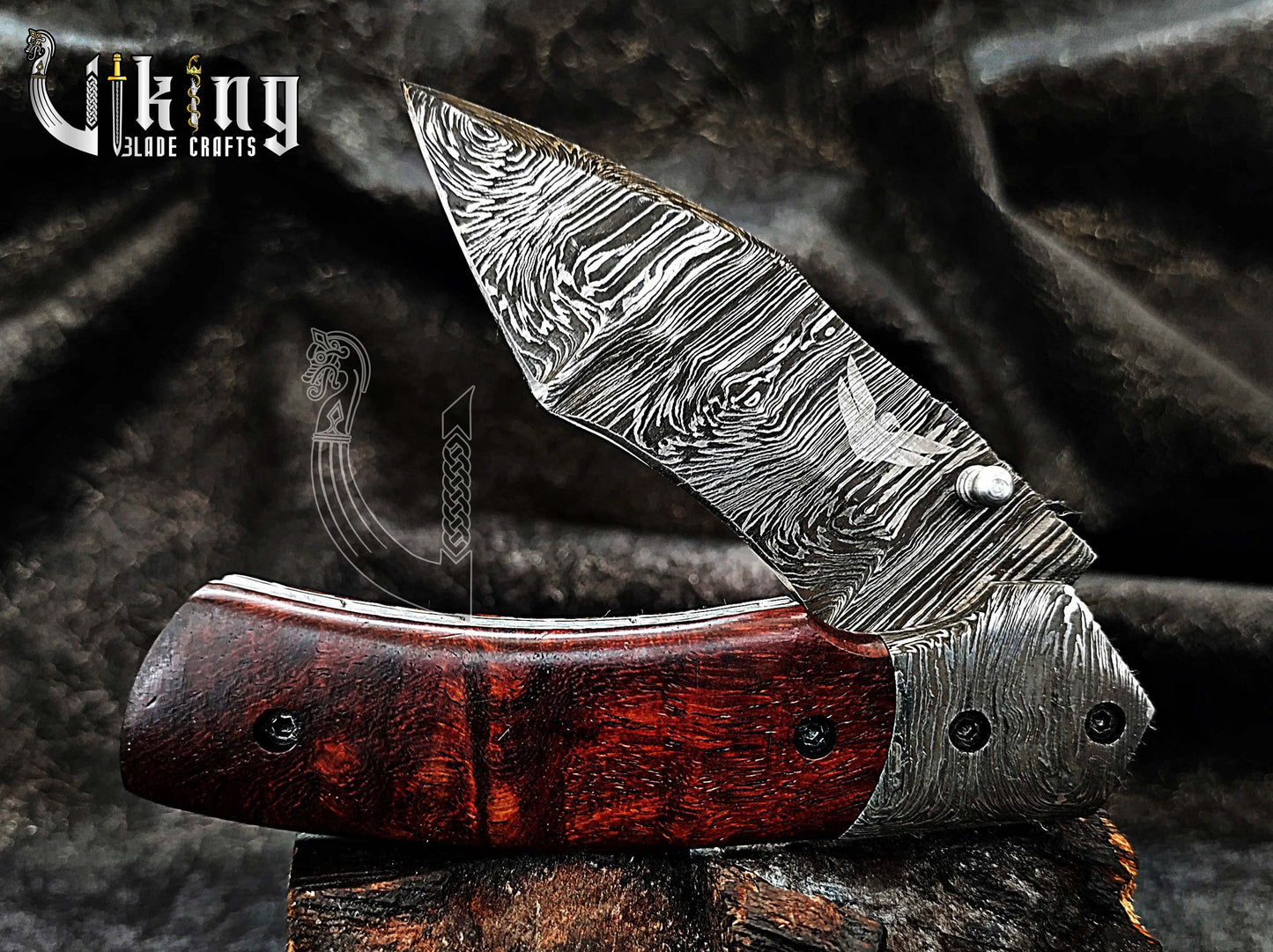 Damascus Steel Folding Pocket Knife With Sheath Rose Wood Handle