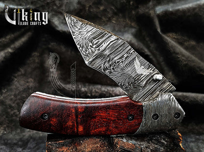 Damascus Steel Folding Pocket Knife With Sheath Rose Wood Handle