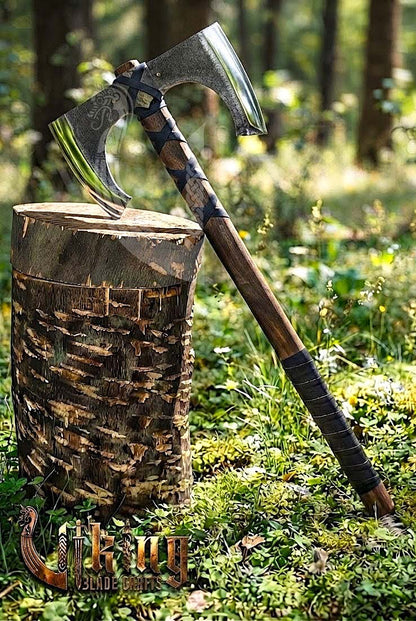 30" Double Bit Viking Battle Axe - Hand Forged Carbon Steel & Leather