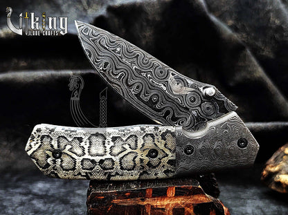 Damascus Steel Folding Pocket Knife With Damascus Clip and Bone Handle
