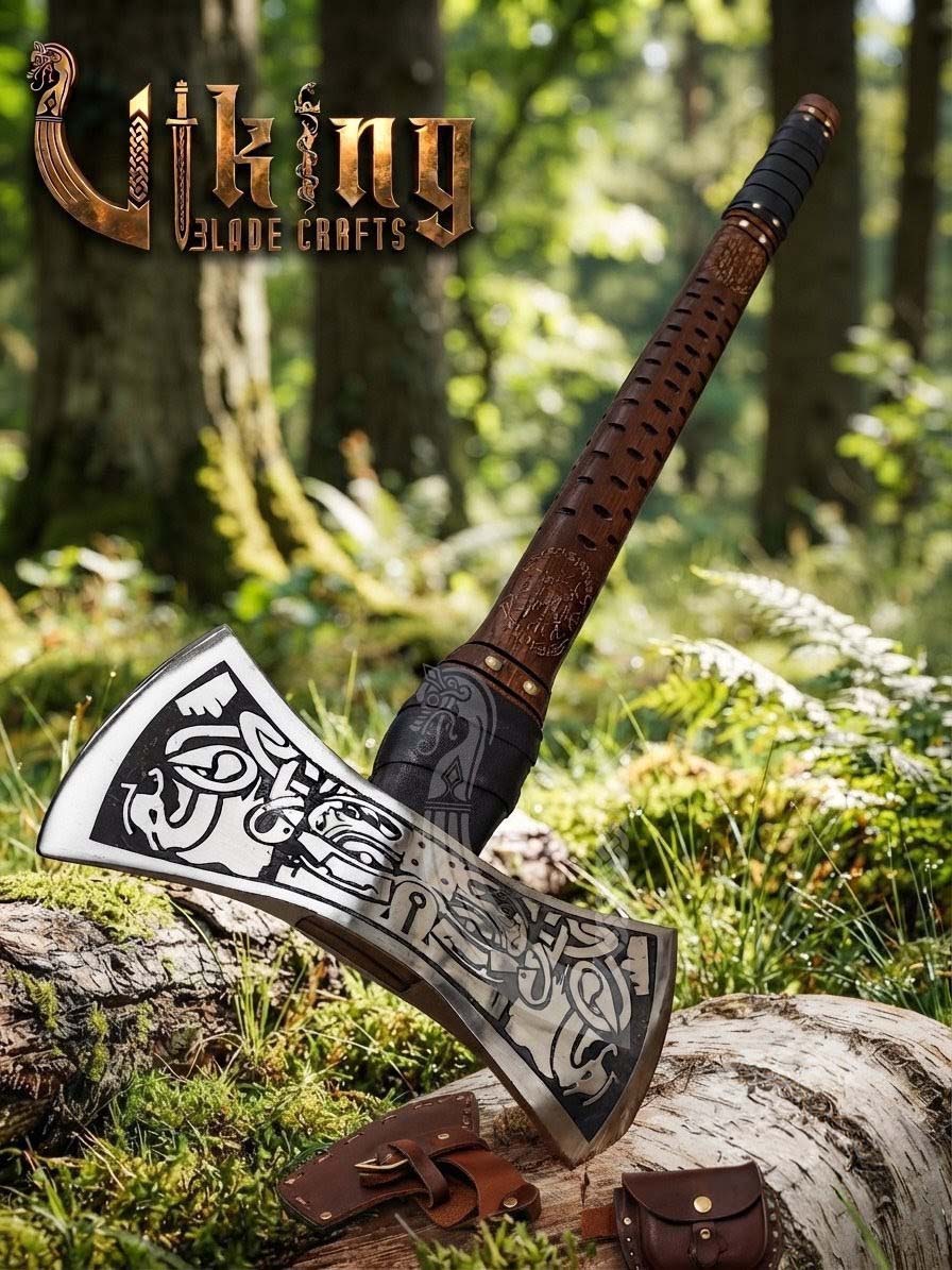 The Helm of Awe 30" Forged Viking Axe & Carved Wooden – Norse Warrior Axe