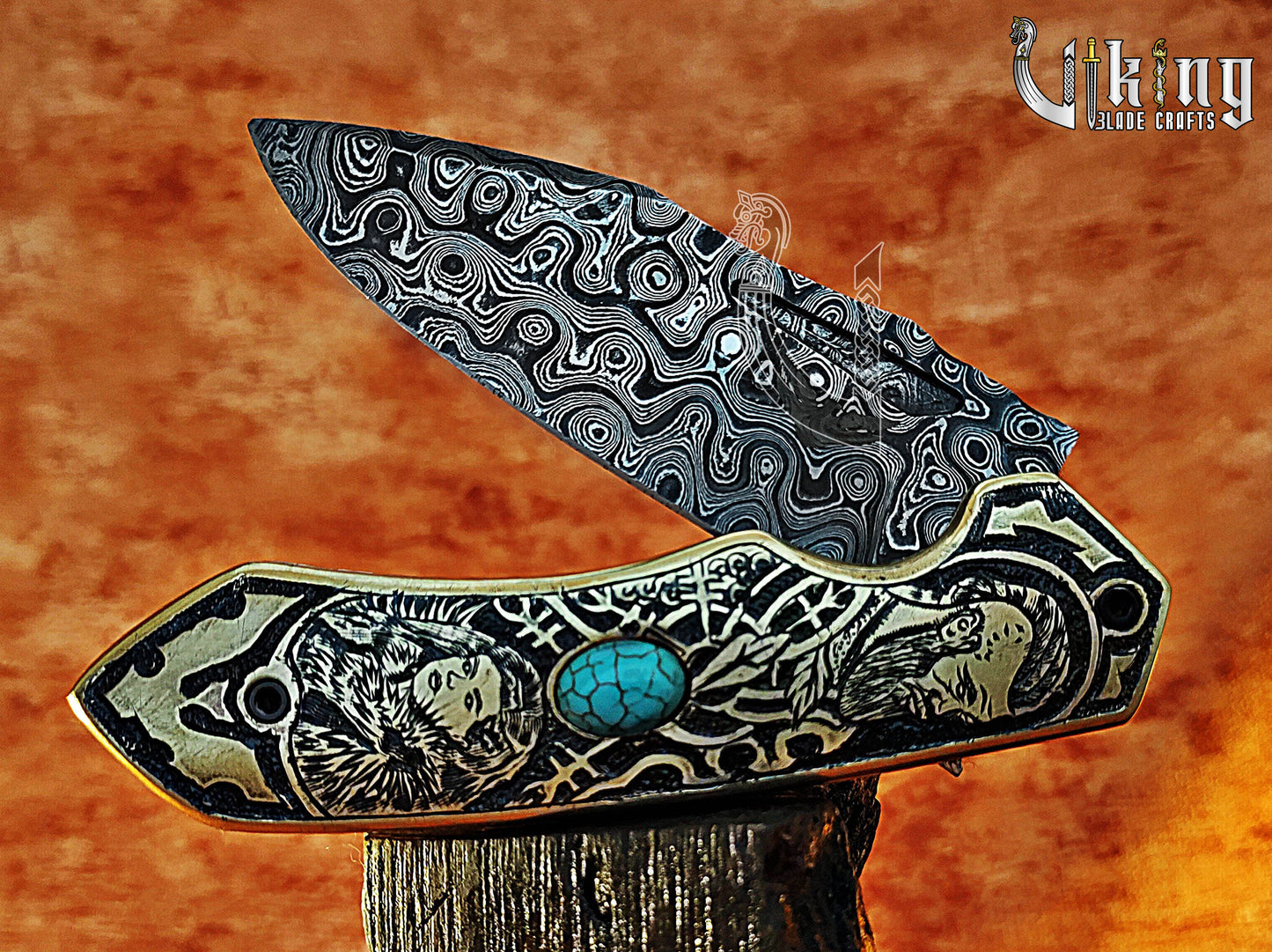Handmade Damascus Folding Knife Shieldmaiden Lagertha & Ragnar Lothbrok Carved Handle Folding Knife