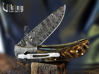 Forged Damascus Steel Folding Pocket Knife with Ram Horn Handle & Clip