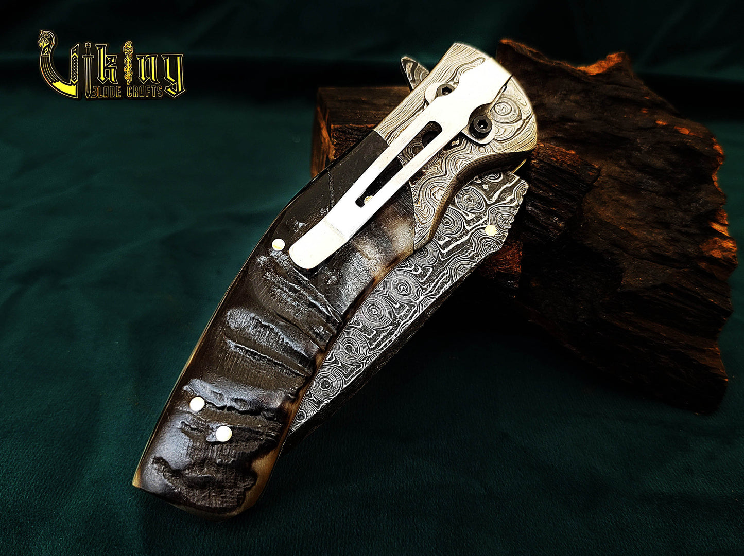 Hand-Forged Damascus Steel Knife | Raindrop Pattern | Ram Horn Handle