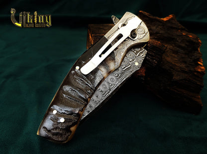 Hand-Forged Damascus Steel Knife | Raindrop Pattern | Ram Horn Handle