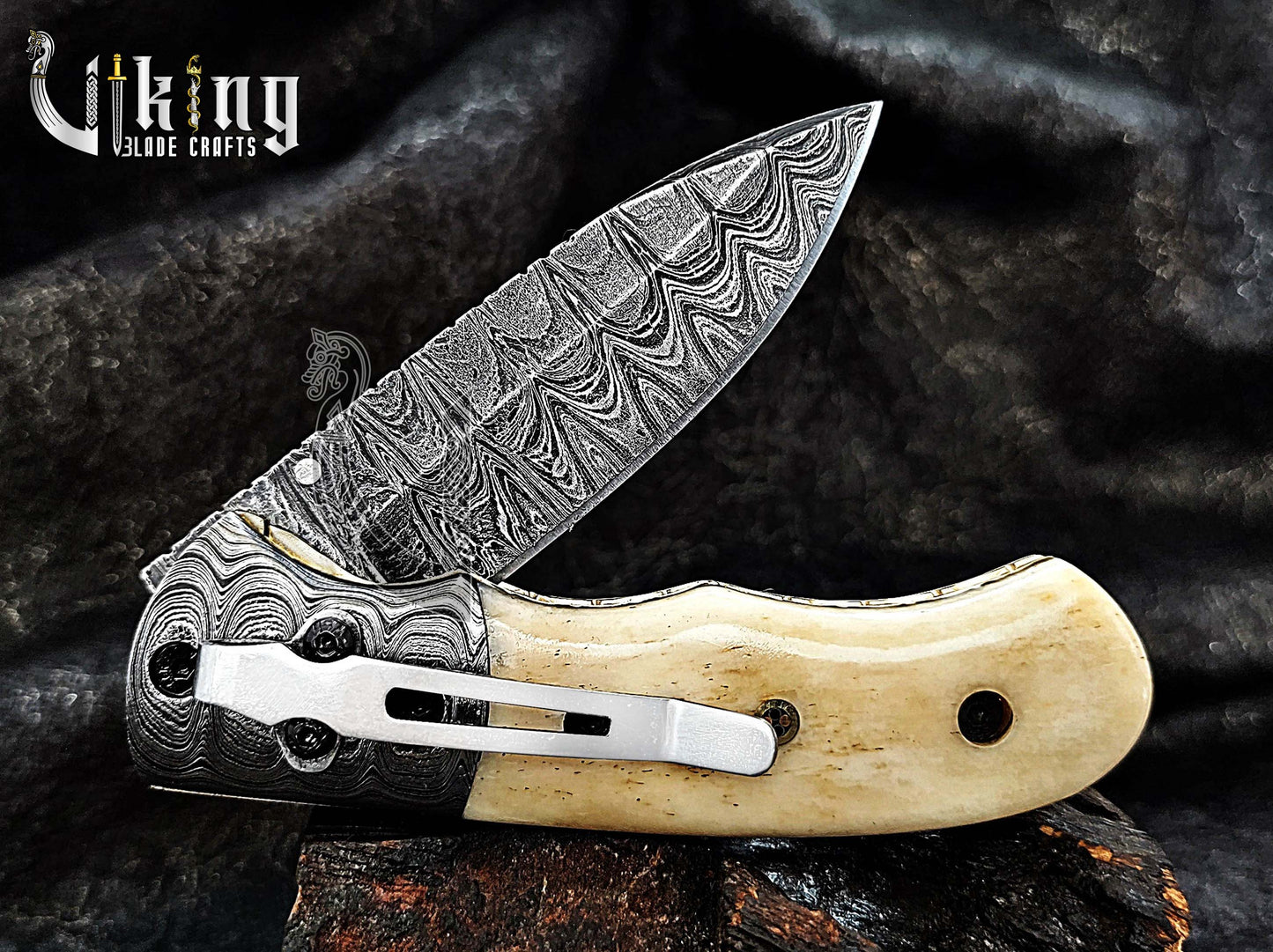 Handmade Damascus Steel Folding Pocket knife With Camel Bone Handle