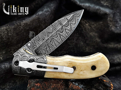 Handmade Damascus Steel Folding Pocket knife With Camel Bone Handle