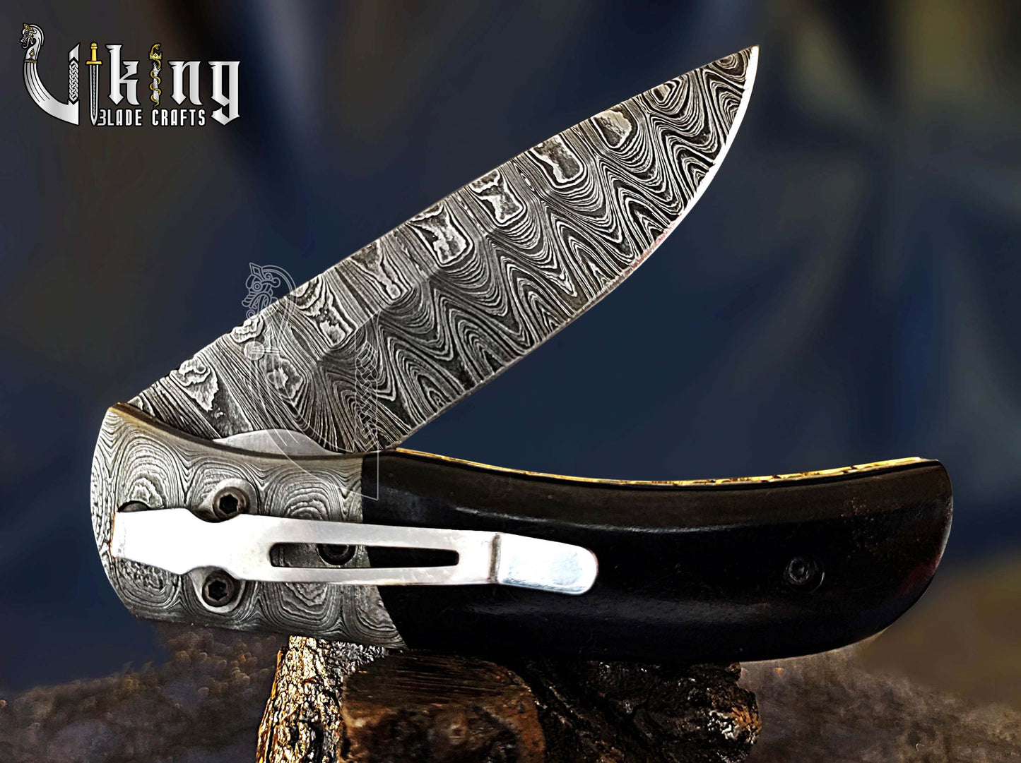 Hand-Forged Damascus Folding Knife with Ebony Wood  & Ladder Blade