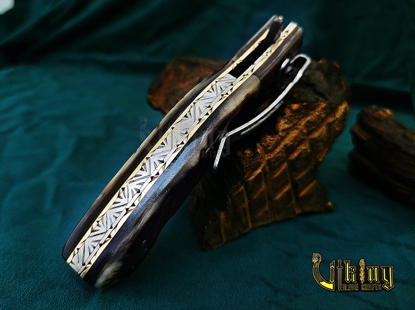 Hand-Forged Artisan Damascus Steel Folding Knife | Raindrop Pattern | Ram Horn Handle