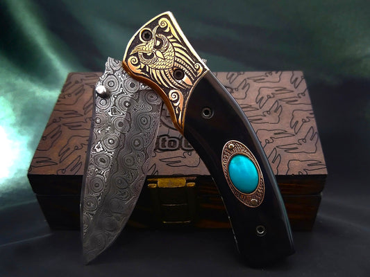 Handmade Damascus Pocket Knife – Celtic‑Norse Owl Theme Carved Handle