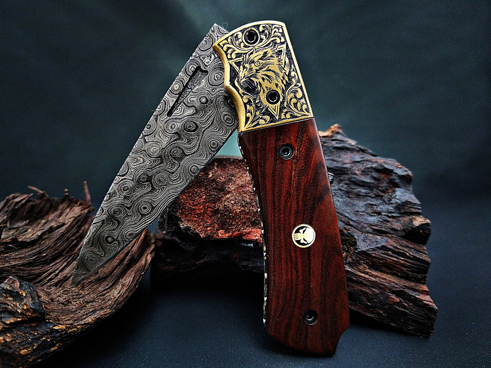Damascus Steel Folding Pocket Knife – Viking Eagle Engraved Rosewood Handle - Viking Blade Crafts