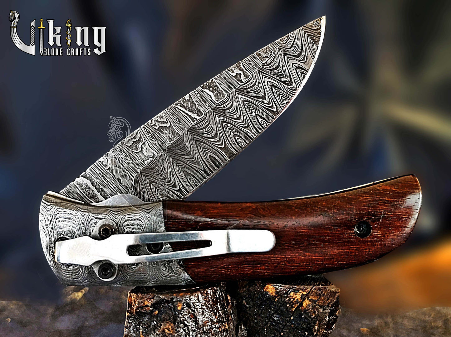 Handmade Damascus Steel Folding Knife with Rosewood Handle & Sheath