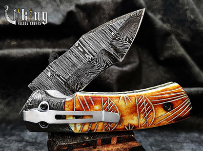 Forged Damascus Steel Folding Knife with Fire Camel Bone Handle