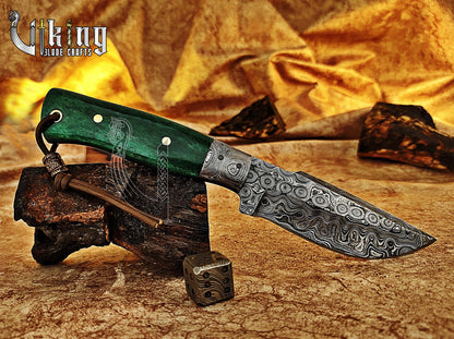 Damascus Steel Fixed Blade Stained Bone Handle Hunting Knife With Bolster