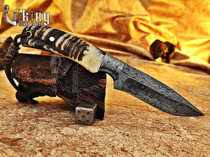 Handmade Damascus Steel Fixed Blade Hunting Knife With Leather Cover