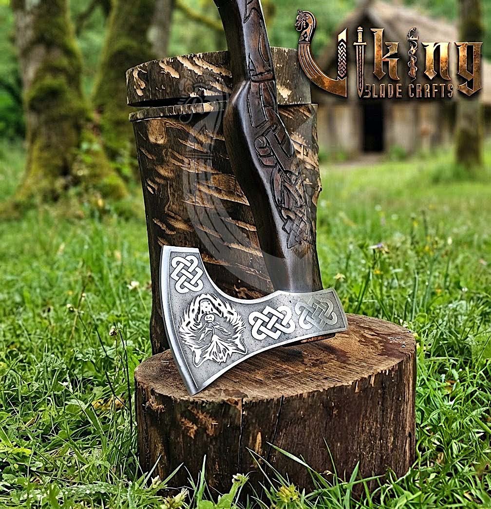 Hand Carved Viking Axe | Wolf Head Handle | Forged Steel