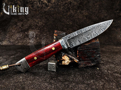 Damascus Steel Fixed Blade Bloodwood & Guard With Leather Sheath